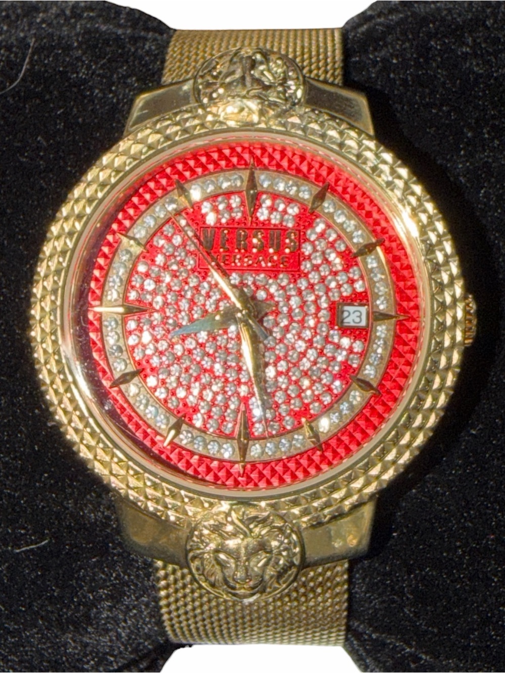 NWT Versus Versace Mouffetard Gold Mesh Watch Red Crystal Dial (NIB)